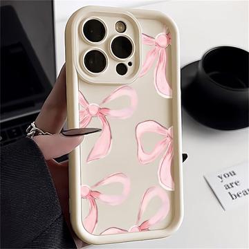Elegante funda de TPU antichoque para iPhone 15 Pro Max con bordes elevados - Blanca / Lazo grande