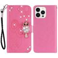 iPhone 15 Pro Búho Rhinestone Funda Cartera - Rosa Fuerte