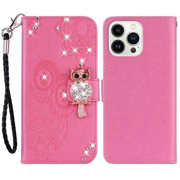 iPhone 15 Pro Búho Rhinestone Funda Cartera - Rosa Fuerte