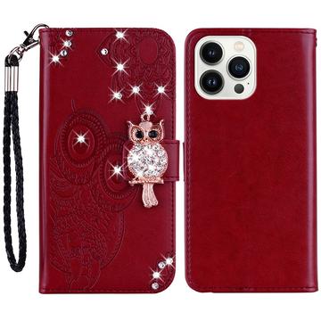 iPhone 15 Pro Búho Rhinestone Funda billetera - Rojo