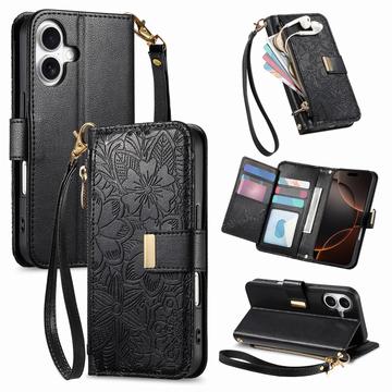 Funda iPhone 16 con estampado de flores y hojas, bolsillo con cremallera y correa para la muñeca