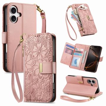 Funda iPhone 16 con estampado de flores y hojas, bolsillo con cremallera y correa para la muñeca