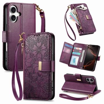 Funda iPhone 16 con estampado de flores y hojas, bolsillo con cremallera y correa para la muñeca - Violeta
