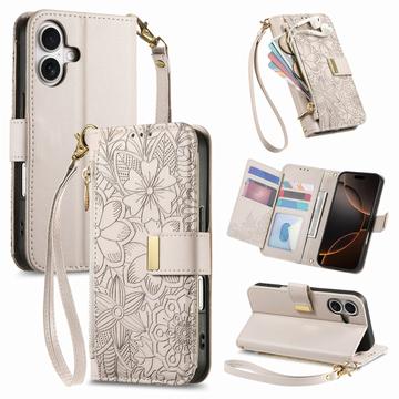 Funda iPhone 16 con estampado de flores y hojas, bolsillo con cremallera y correa para la muñeca - Blanco