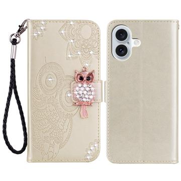 iPhone 16 Búho Rhinestone Funda Billetera - Oro