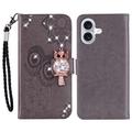iPhone 16 Búho Rhinestone Funda Billetera - Gris