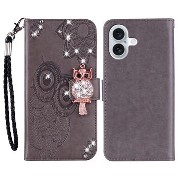 iPhone 16 Búho Rhinestone Funda Billetera - Gris