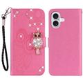 iPhone 16 Búho Rhinestone Funda Cartera - Rosa Fuerte