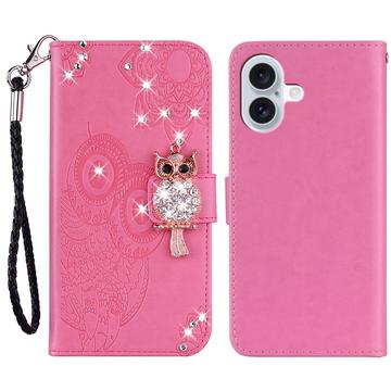 iPhone 16 Búho Rhinestone Funda Cartera - Rosa Fuerte