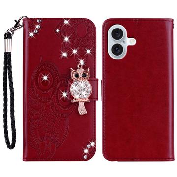 iPhone 16 Búho Rhinestone Funda billetera - Rojo