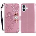 iPhone 16 Búho Rhinestone Funda billetera - Oro rosa