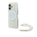 Funda con Correa de Perla iPhone 16 Plus Guess IML Flowers Allover Electro - Compatible con MagSafe - Blanco