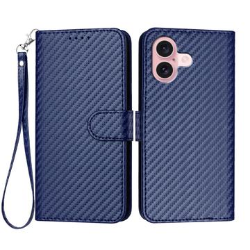 iPhone 16 Funda Cartera Premium con Correa - Textura Fibra de Carbono - Azul carbón