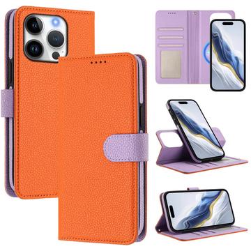 Funda de cartera extraíble para iPhone 16 Pro con MagSafe, protección RFID y correa de mano - Naranja / Morado