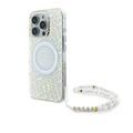 Funda con correa de perlas iPhone 16 Pro Guess IML Flowers Allover Electro - Compatible con MagSafe - Blanco