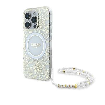 Funda con correa de perlas iPhone 16 Pro Guess IML Flowers Allover Electro - Compatible con MagSafe - Blanco