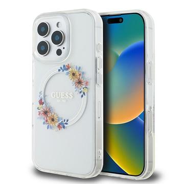 Funda Guess IML Flowers Wreath para iPhone 16 Pro - Compatible con MagSafe - Transparente