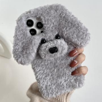 Funda de felpa con forma de adorable perrito Teddy para iPhone 16 Pro Max - Gris