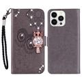 iPhone 16 Pro Max Búho Rhinestone Funda Billetera - Gris