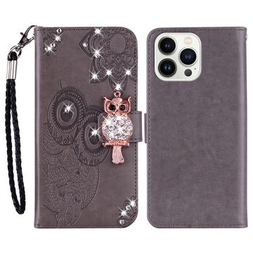 iPhone 16 Pro Max Búho Rhinestone Funda Billetera - Gris