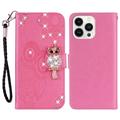 iPhone 16 Pro Max Búho Rhinestone Funda Cartera - Rosa Fuerte