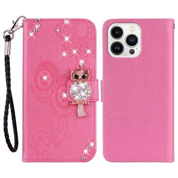 iPhone 16 Pro Max Búho Rhinestone Funda Cartera - Rosa Fuerte