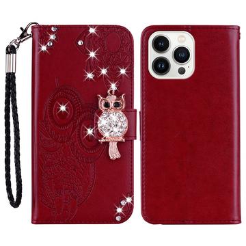 iPhone 16 Pro Max Búho Rhinestone Funda billetera - Rojo