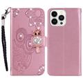 iPhone 16 Pro Max Búho Rhinestone Funda billetera - Oro rosa