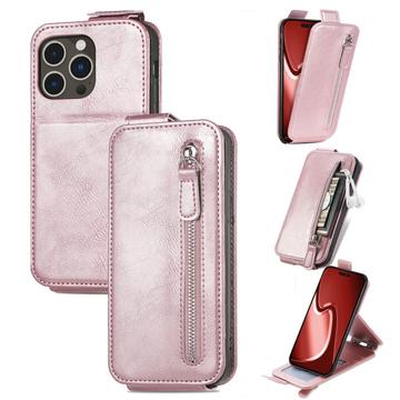 Funda con Tapa Vertical con Bolsillo con Cremallera para iPhone 16 Pro Max - Rosa Dorado