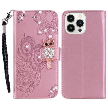 iPhone 16 Pro Búho Rhinestone Funda billetera - Oro rosa