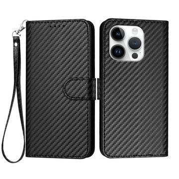 iPhone 16 Pro Funda Cartera Premium con Correa - Textura Fibra de Carbono