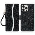 iPhone 16 Pro Funda elegante con purpurina para cartera - Negra