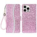 iPhone 16 Pro Funda elegante con purpurina para cartera - Rosa