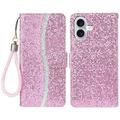 iPhone 16 Funda elegante con purpurina para cartera - Rosa