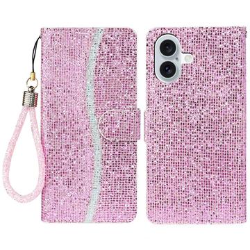 iPhone 16 Funda elegante con purpurina para cartera - Rosa
