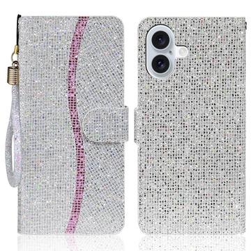 iPhone 16 Funda elegante con purpurina para cartera - Plata