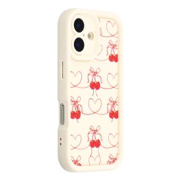 Elegante funda de TPU antichoque para iPhone 16 con bordes elevados - Blanco / Cerezas con lazo