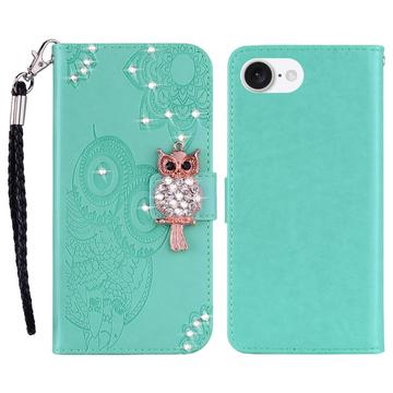 iPhone 16e Búho Rhinestone Funda billetera - Cian