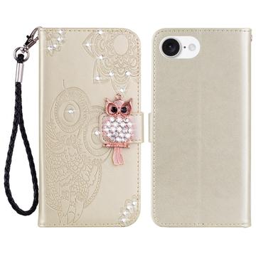 iPhone 16e Búho Rhinestone Funda Billetera - Oro