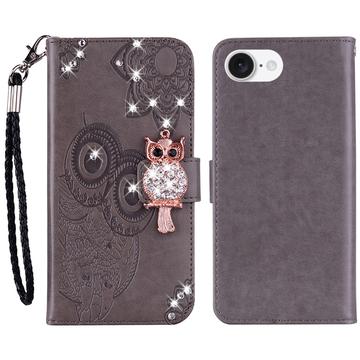 iPhone 16e Búho Rhinestone Funda Billetera - Gris