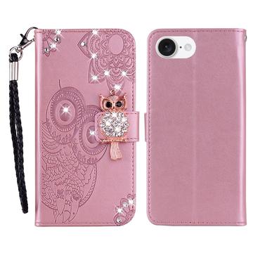 iPhone 16e Búho Rhinestone Funda billetera - Oro rosa