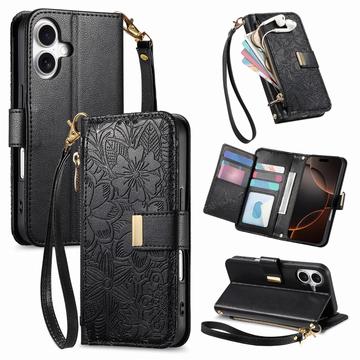 Funda iPhone 17 con estampado de flores y hojas, bolsillo con cremallera y correa para la muñeca
