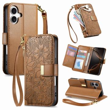 Funda para iPhone 17 con estampado de flores y hojas, bolsillo con cremallera y correa para la muñeca - Marrón