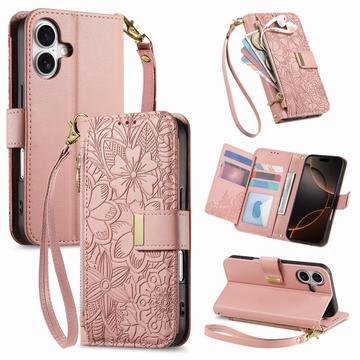 Funda iPhone 17 con estampado de flores y hojas, bolsillo con cremallera y correa para la muñeca - Rosa