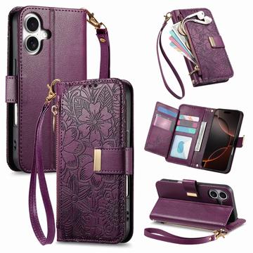 Funda iPhone 17 con estampado de flores y hojas, bolsillo con cremallera y correa para la muñeca - Violeta