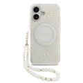 Funda con correa de perlas iPhone 17 Guess IML Flowers Allover Electro - Compatible con MagSafe - Blanco