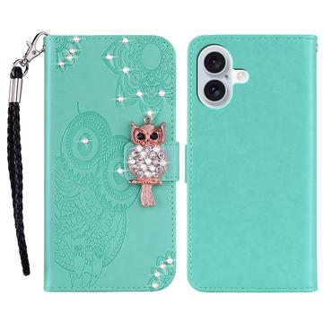 iPhone 17 Búho Rhinestone Funda billetera - Cian