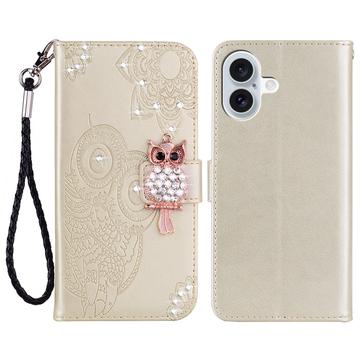 iPhone 17 Búho Rhinestone Funda Billetera - Oro