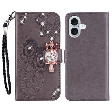 iPhone 17 Búho Rhinestone Funda Billetera - Gris
