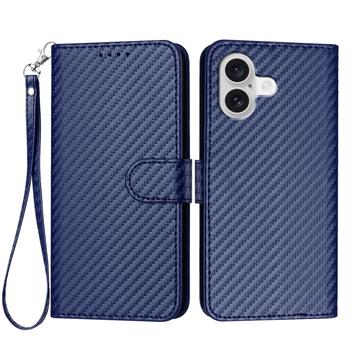 iPhone 17 Funda Cartera Premium con Correa - Textura Fibra de Carbono - Azul carbón